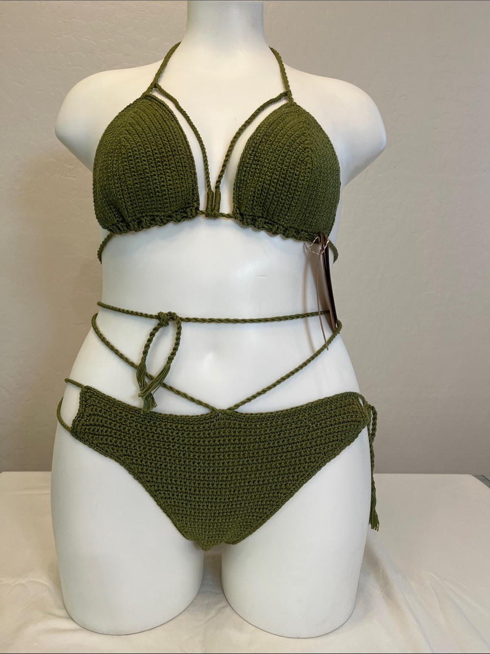 Olive Crochet Halter Bikini Set - Women Swim